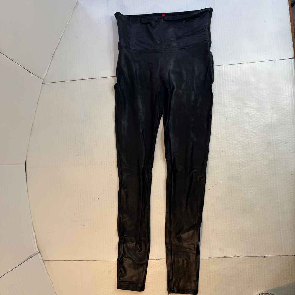 SPANX pants womens M Faux Leather Leggings Black shimmer High Waist metallic EUC